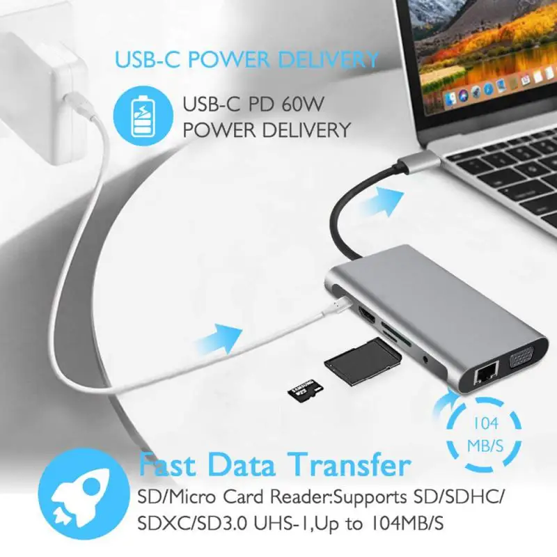 

Usb Hub Docking Station Type C Adapter Usb 3.0 4K Hdmi Vga RJ45 10 In 1 Converter For Macbook Pro USB Type-c Adapter Connectors