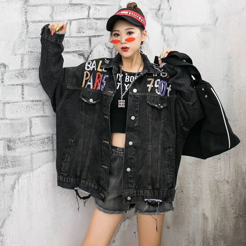 SexeMara модная новинка свободная джинсовая куртка с бусинами и надписями