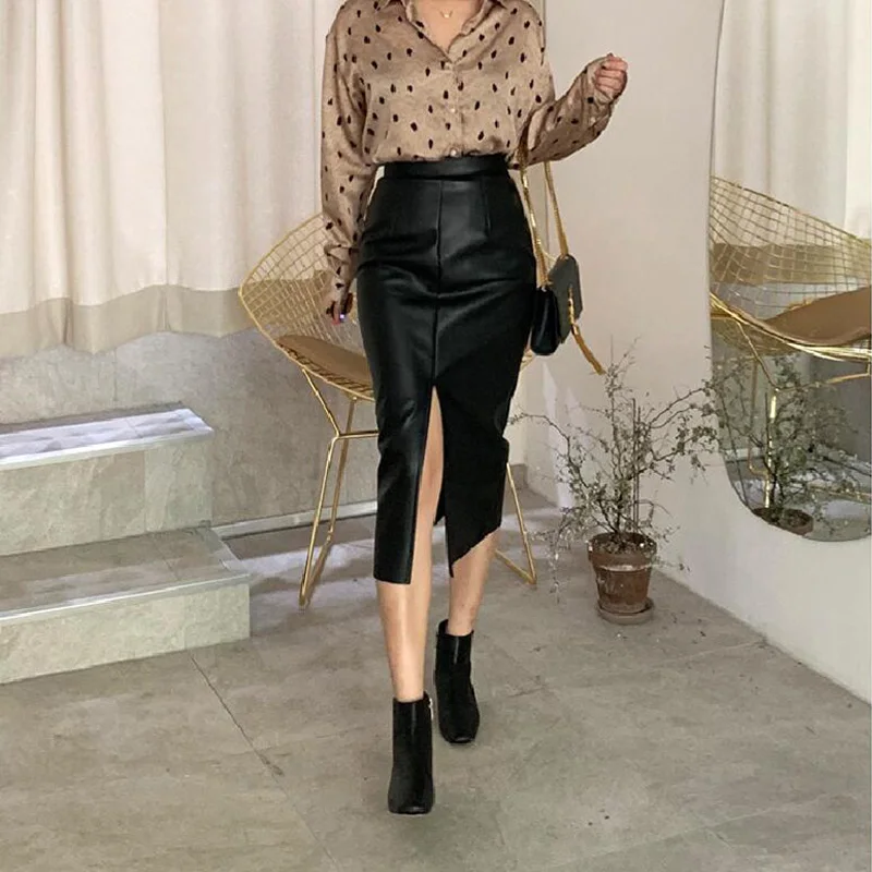 Autumn and winter women's skirt casual solid color faux leather | Женская одежда