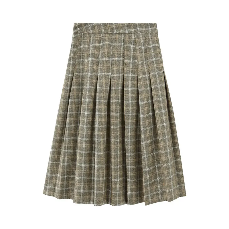 

Skirt Medium Length A-line Pleated Skirt Winter New Arrivals Women's Retro Art Tweed Plaid