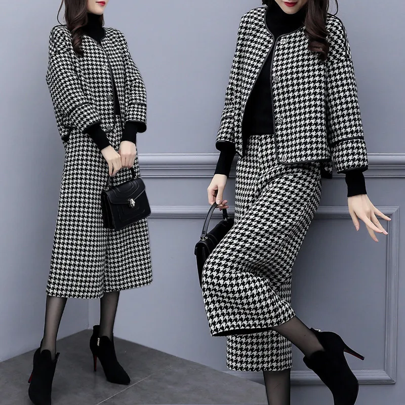 

Autumn and Winter Women's Suit Temperament Check Coat Two-piece 2021 Slim Short Ladies Jacket Elegant Wide-leg Pants
