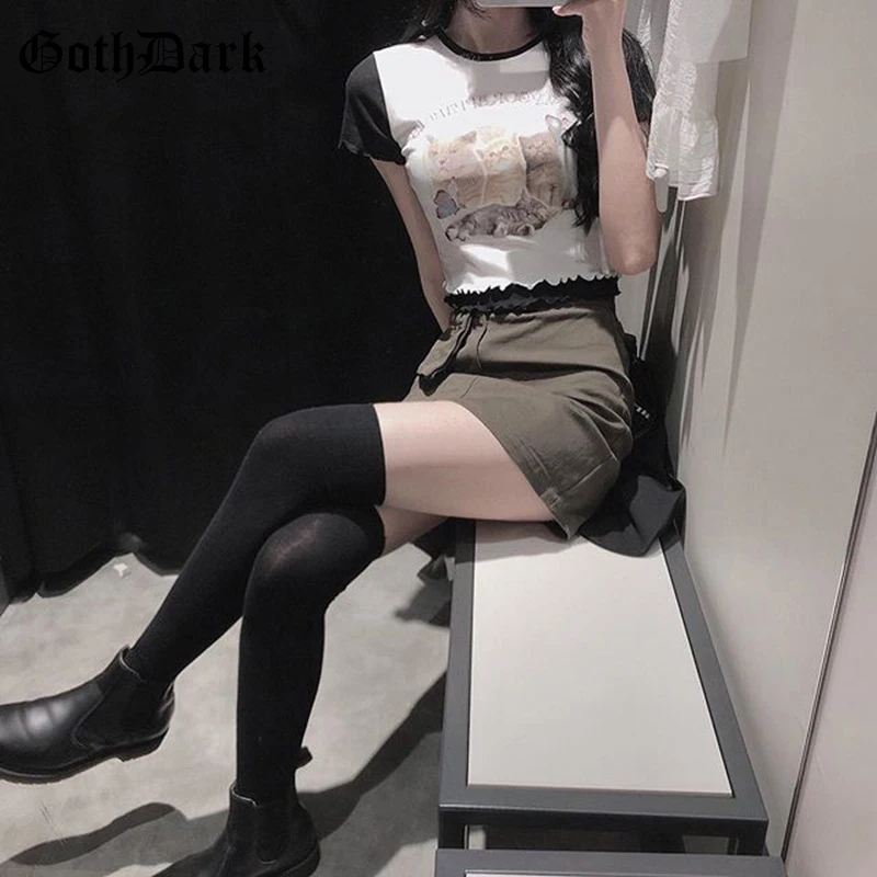 Женская футболка Goth Dark Корейская в стиле Харадзюку милый облегающий кроп топ с