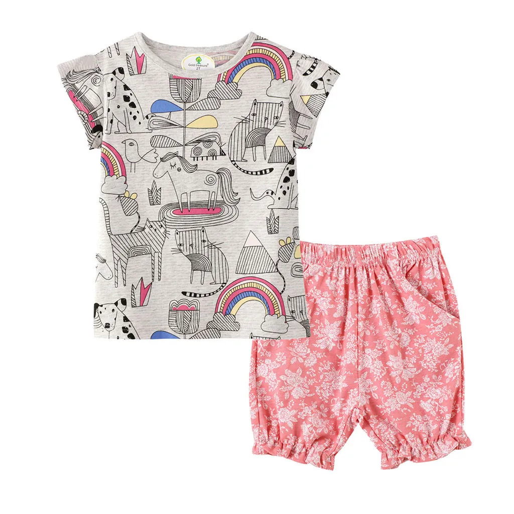 Children Fashion Clothes Set Girl Pony Cartoon Rainbow T-shirt Top Shorts Casual Sports | Детская одежда и обувь