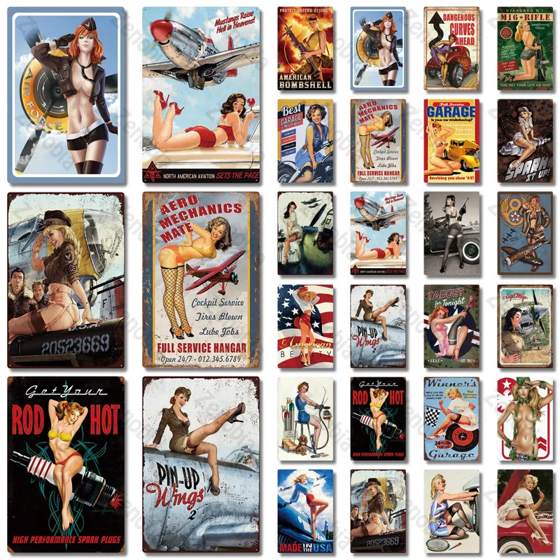 С изображением девушке в стиле пин ап Оловянная табличка металлический Винтаж