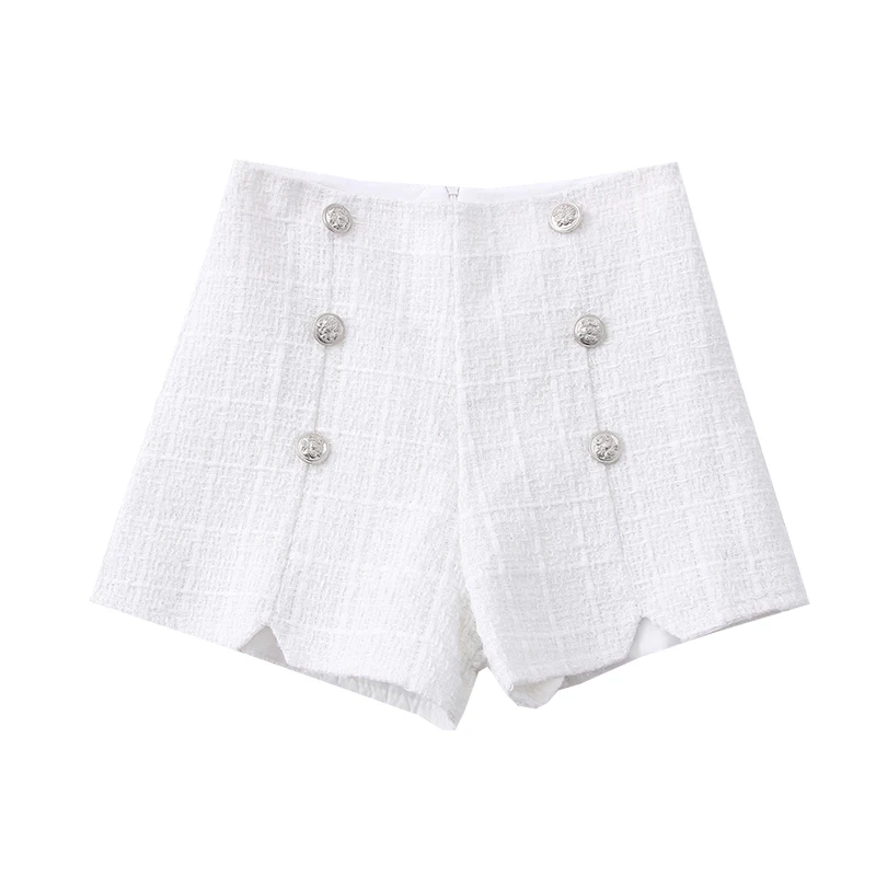 

2020 new temperament all-match small fragrance wind bright silk tweed high waist thin double breasted shorts women