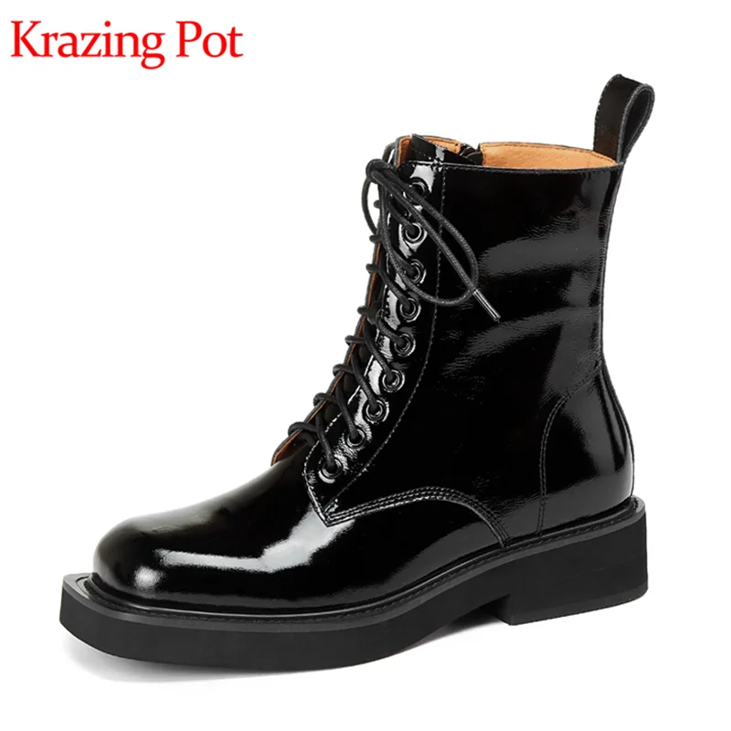 

Krazing Pot cow leather winter punk short boots square toe cross-tied platform med heels online star European ankle boots l30