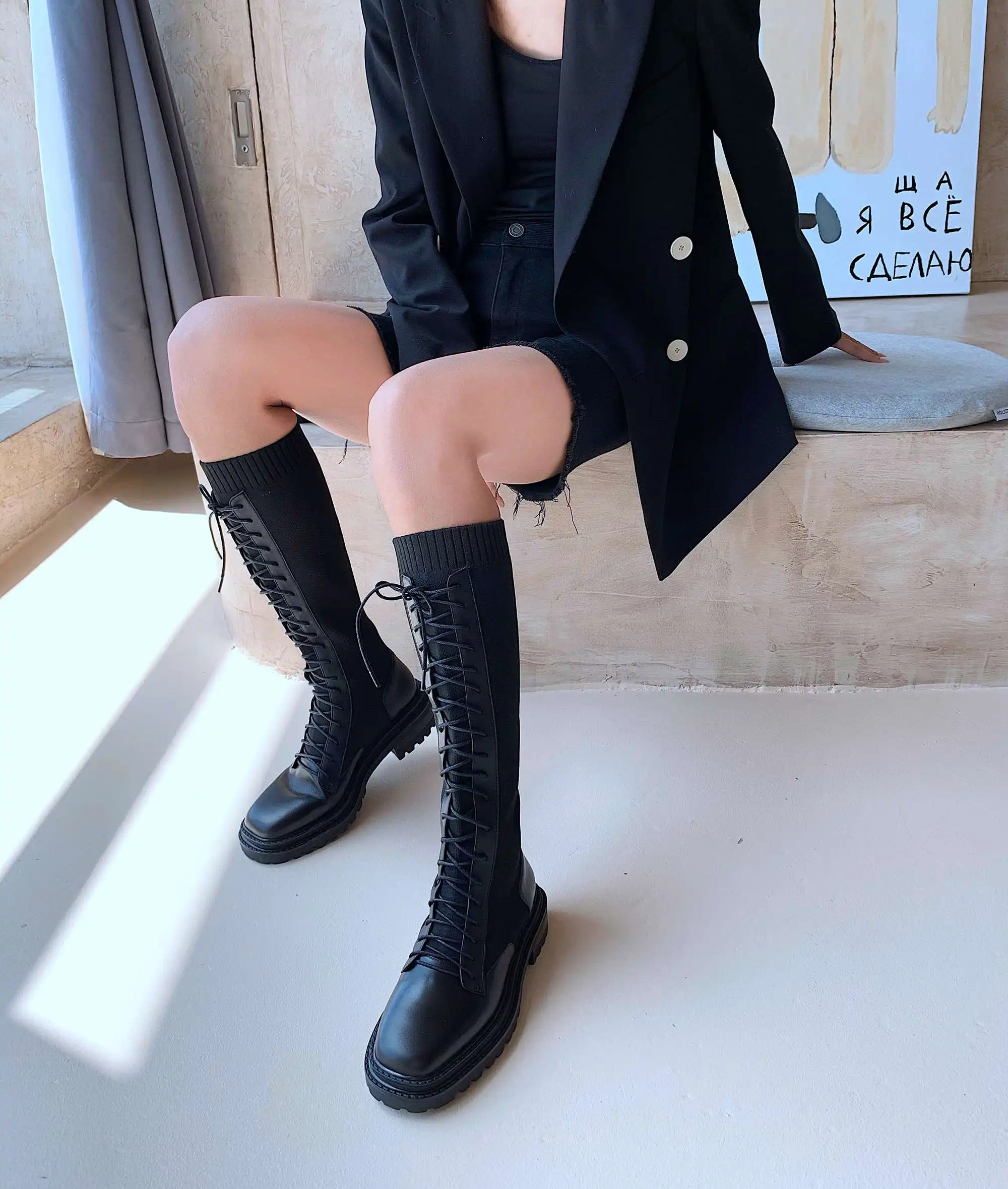 

Krazing pot equestrian boots cow leather knitting cross-tied thick med heel round toe lace up keep warm cozy knee high boots L93