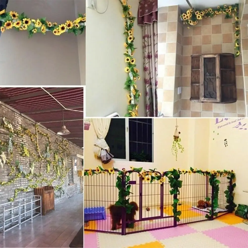 

Подсолнухи, лоза, Подсолнух, плющ, лоза, искусственные цветы, 9 головок, 2,3 м, модная Реалистичная Красивая подвесная гирлянда, украшение для в...