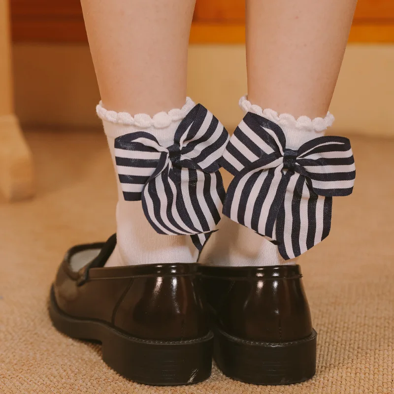 

Тонкие женские носки JK в японском стиле, милые кружевные хлопковые носки в полоску с бантом, на весну и лето