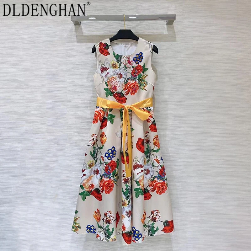 

DLDENGHAN модное дизайнерское богемное платье с цветочным принтом для женщин кружевное платье с О-образным вырезом блестками без рукавов с бисе...