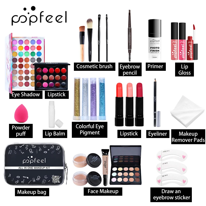 POPFEEL базовый набор косметики KIT005 (тени для век губная помада бровей BB крем пудра