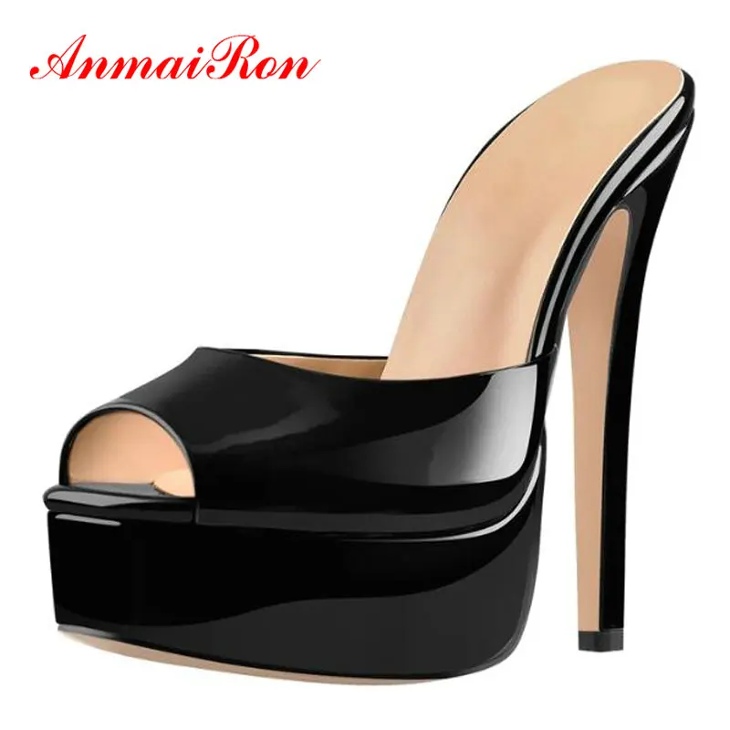 

ANMAIRON Sexy Peep Toe Luxury Shoes Women Designers Patent Leather Slip-On Basic Women Sandals Fashion High Heel Sandals 34-43
