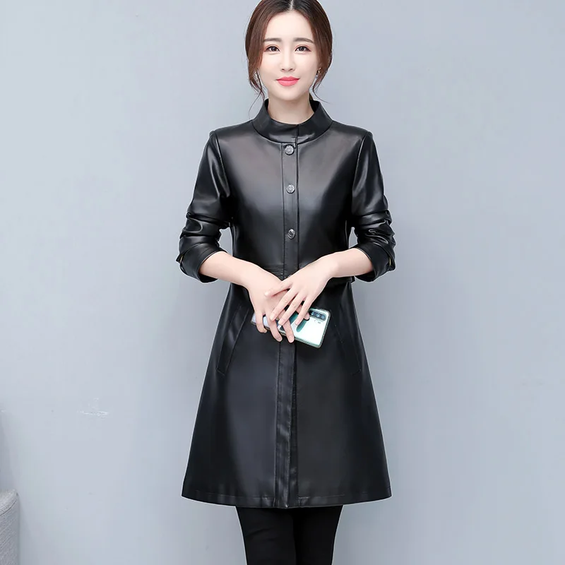 

2020 Long Leather Jacket Trench Coat Women Single Breasted Leather Jacket Autumn Coat Female Outwear Casual