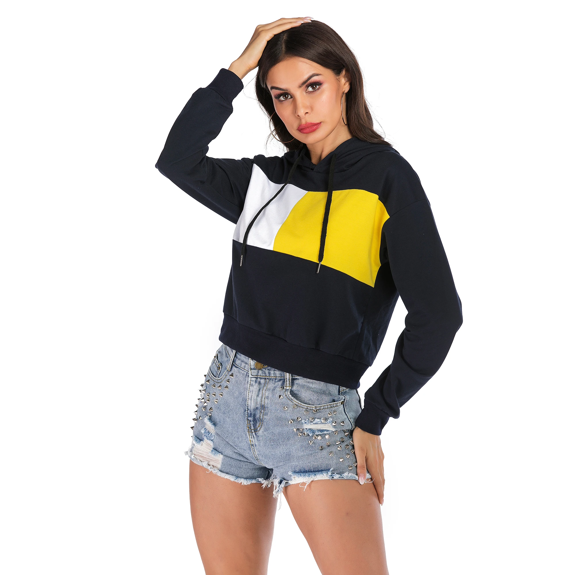 

Y2k long sleeve loose contrast color drawstring bottoming Hoodies women's 2022 spring and autumn new casual Fashion joker top