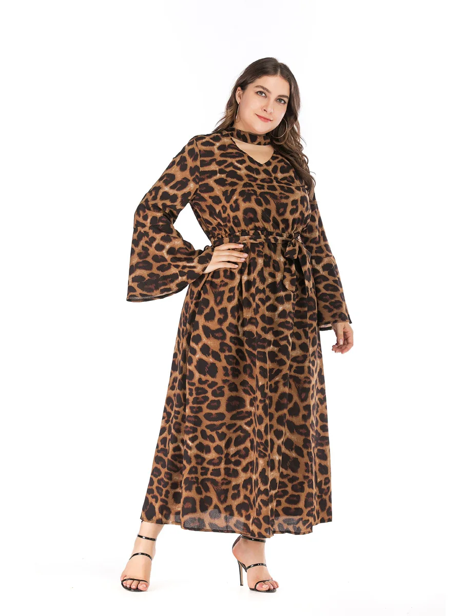 Женское платье макси с V образным вырезом Расклешенным рукавом и леопардовым
