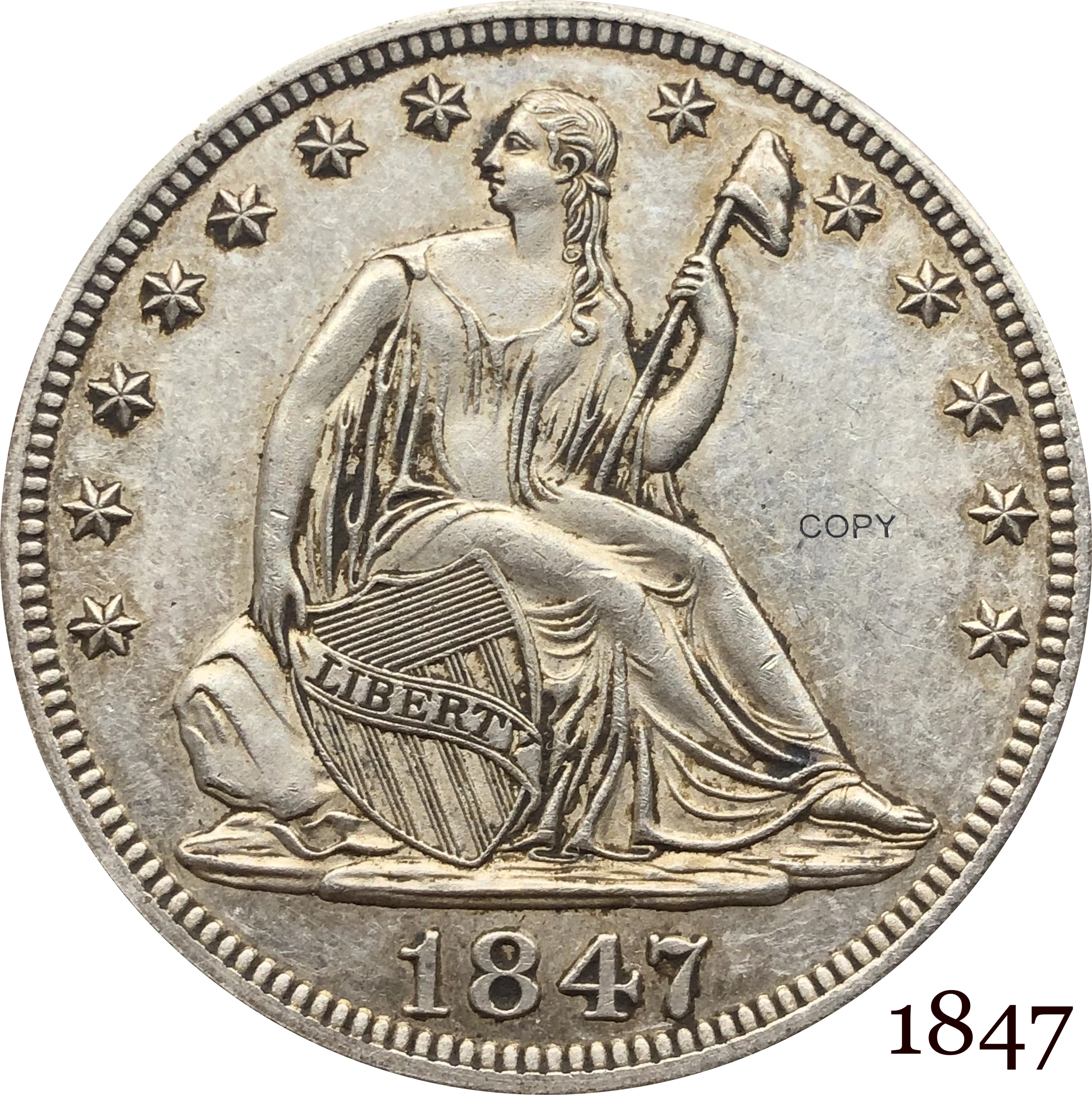 

United States Of America USA 1847 ½ Dollar Seated Liberty Half Dollar Cupronickel Silver Plated Below Eagle Copy Coin No Motto