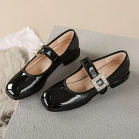 womens patent leather slip on pumps casual rhinestones square buckle shoes round toe mary janes ballet black loafers