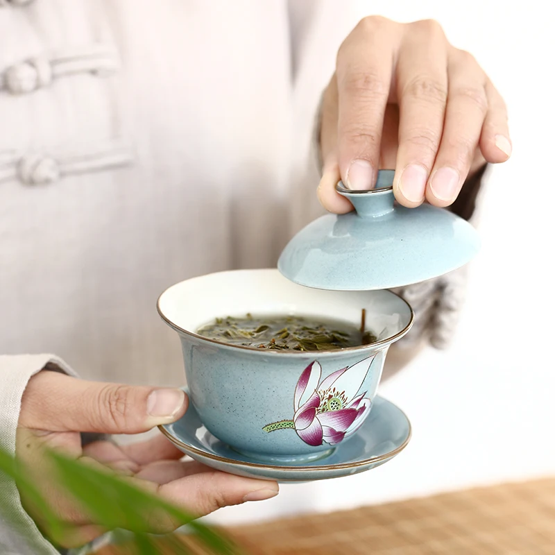 

Ceramic Large Cover Bowl Tea Cup Single Sancai Tea Bowl White Porcelain Kungfu Tea Set Jingdezhen Celadon Gaiwan