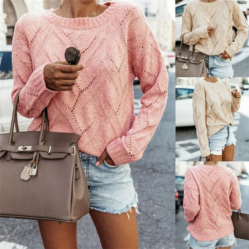 Женский свободный вязаный пуловер джемпер свитер с круглым вырезом и длинным