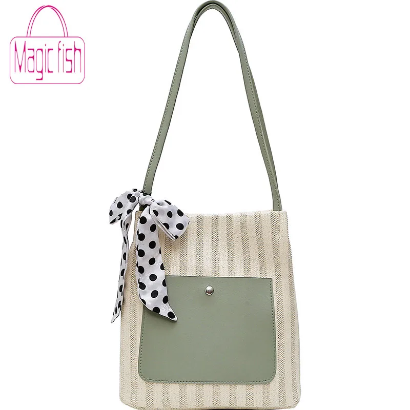 Magic Fish Bags For Women 2020 New Magnetic Buckle Bucket Type Straw Bag Striped Shoulder Large Capacity Fashion | Багаж и сумки
