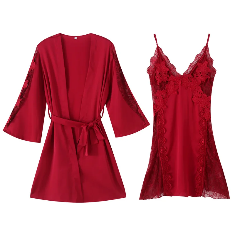 

Robe Sets With Chest Pad Suspenders Women'S Summer Sexy Nightgown Two-Piece Men'S Silk Couple Pajamas Honeymoon Nightwear