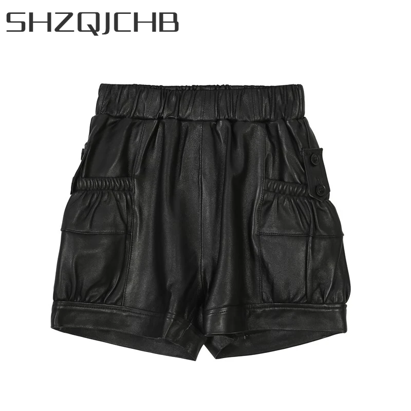 

JCHB 2021 High Street Women Casual Elastic Waist Loose Fit Shorts Pockets Moto Biker Sheepskin Genuine Leather Shorts Wide Leg T