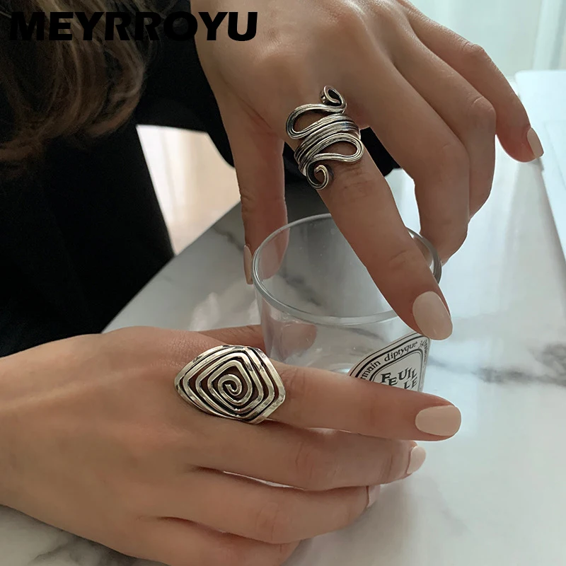 

MEYRROYU 925 Sterling Silver Exaggerated Gothic Style Fashion Creative Line Niche Design Women Ring Punk Jewelry Couple Gift 925