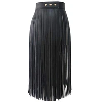 womens tassels leather skirt summer fashion adjusted pu long fringe skirt belts black