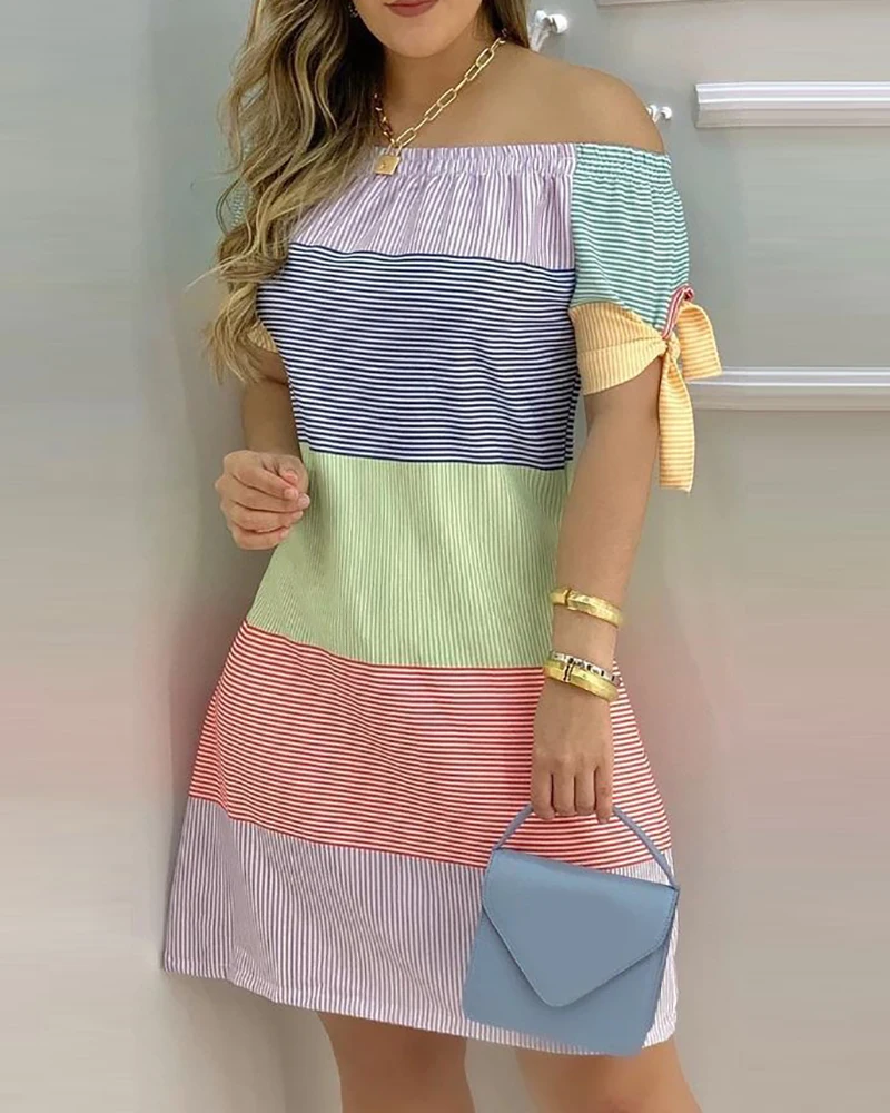 

Summer 2021 Casual Off Shoulder Women Multicolor Stripped Bow Mini Bodycon Dress Cute Lady Clothing