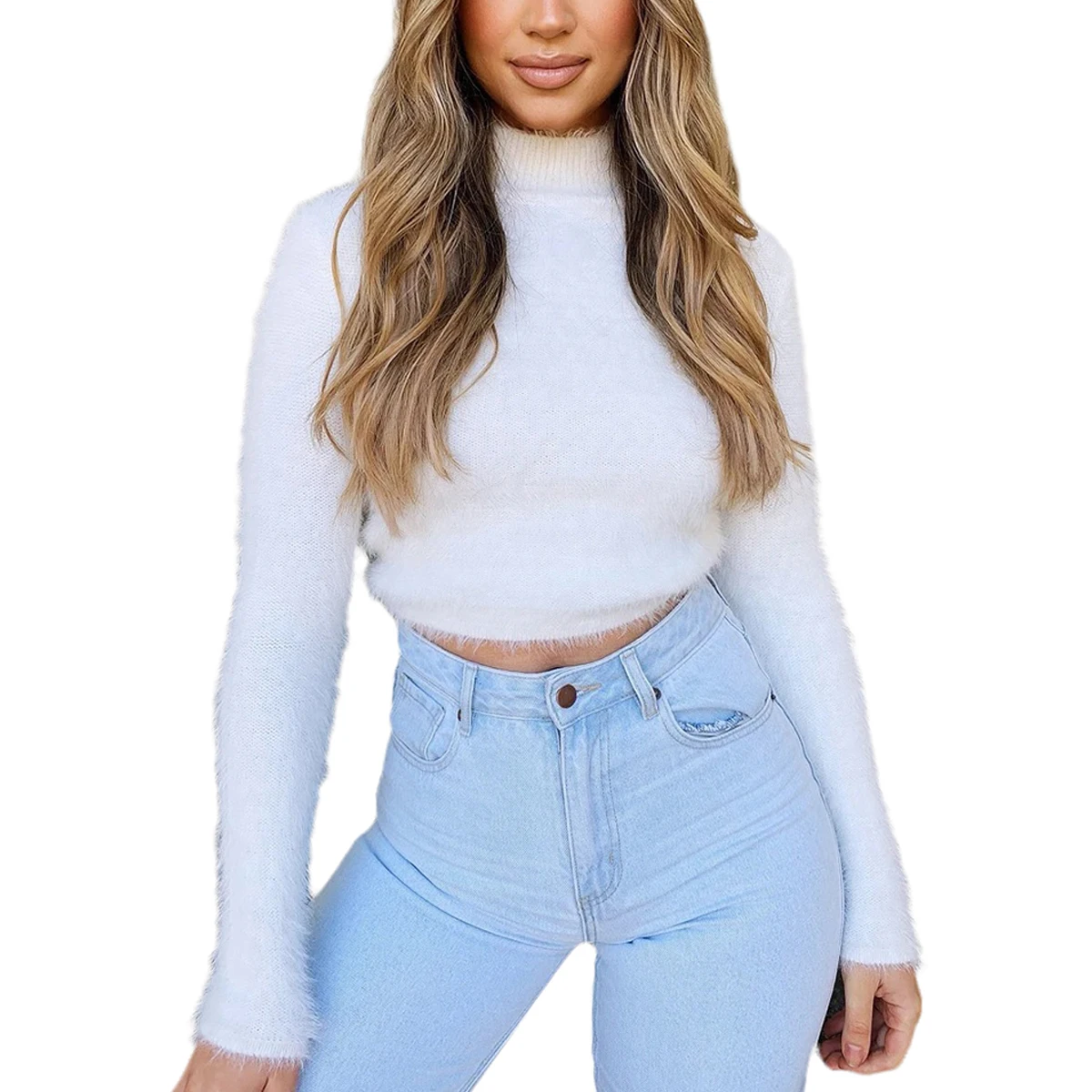 

2020 Women Fashion Candy Color Sweaters High Neck Plush Fleece Crop Jumper Outwears Autumn Winter New Ladies Skinny Slim Tops