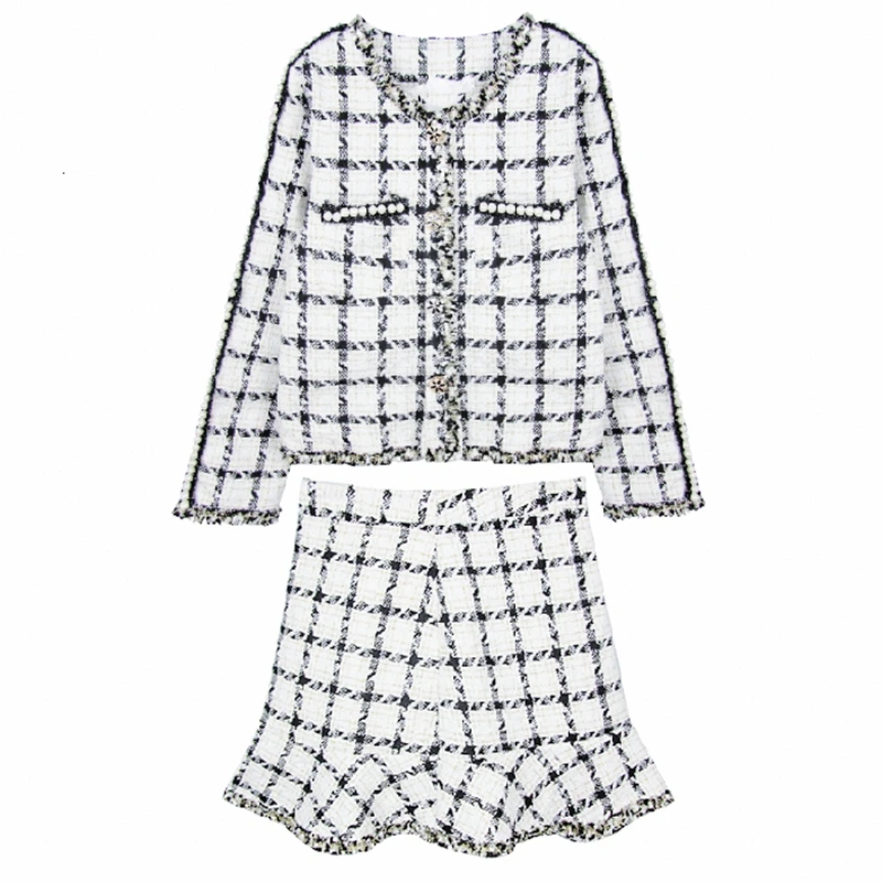 

High Quality Tweed Skirt Set Autumn Winter Runway Woolen Women 2 Piece Set Plaid Jacket Coat + Mermaid Mini Skirt Suits