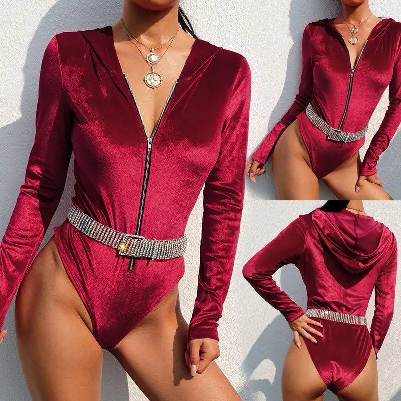 Женский бархатный комбинезон DAYOFUN бордовый с v-образным вырезом без рукавов