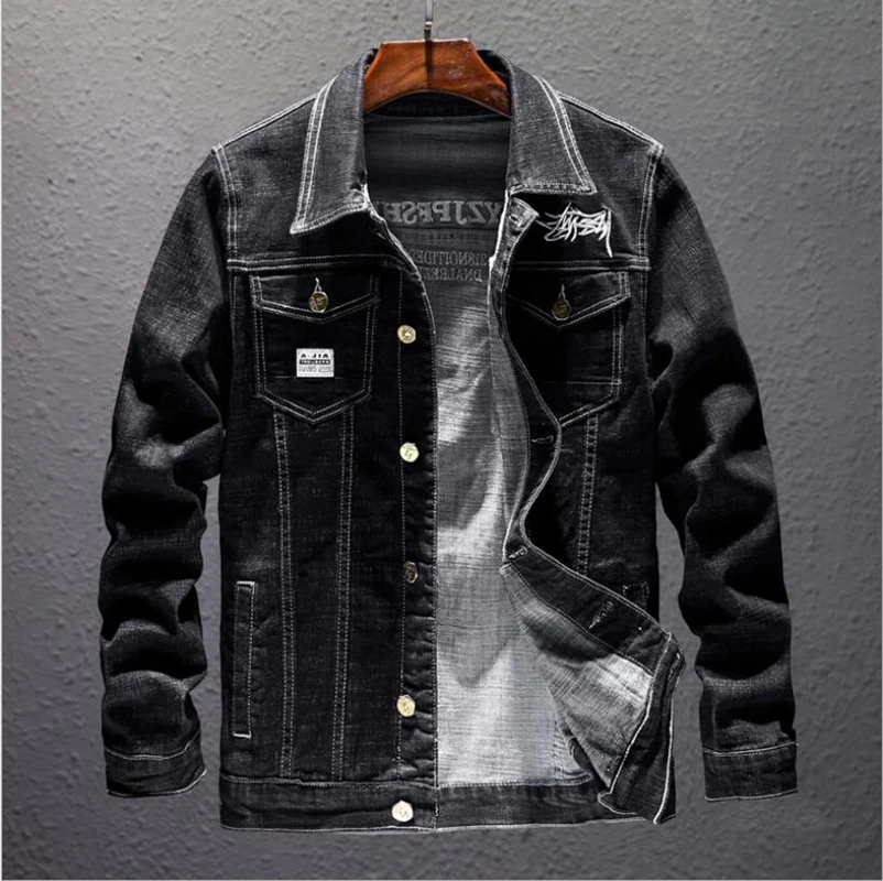 

2022 Autumn Luxury Denim Jacket Men Blue Black Casual Streetwear Washed Embroidery Jeans Jacket Men's Coat Cowboy Outerwear