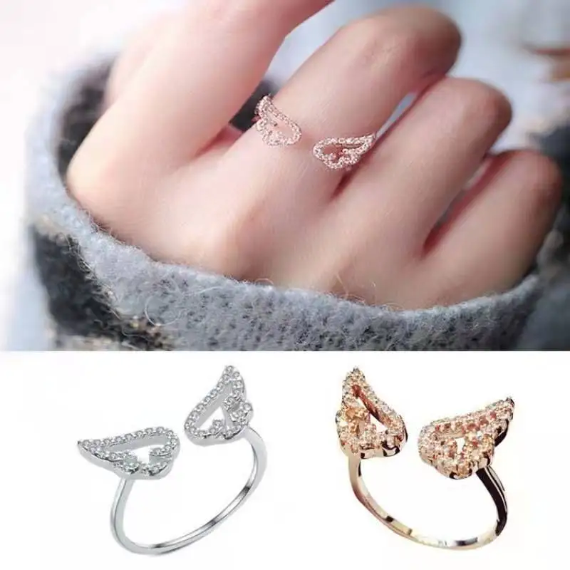 

Korean Fashion Angel Wings Wings Opening Adjustment Rings for Women Personality Temperament Wild Trendy Zircon Jewelry Ring