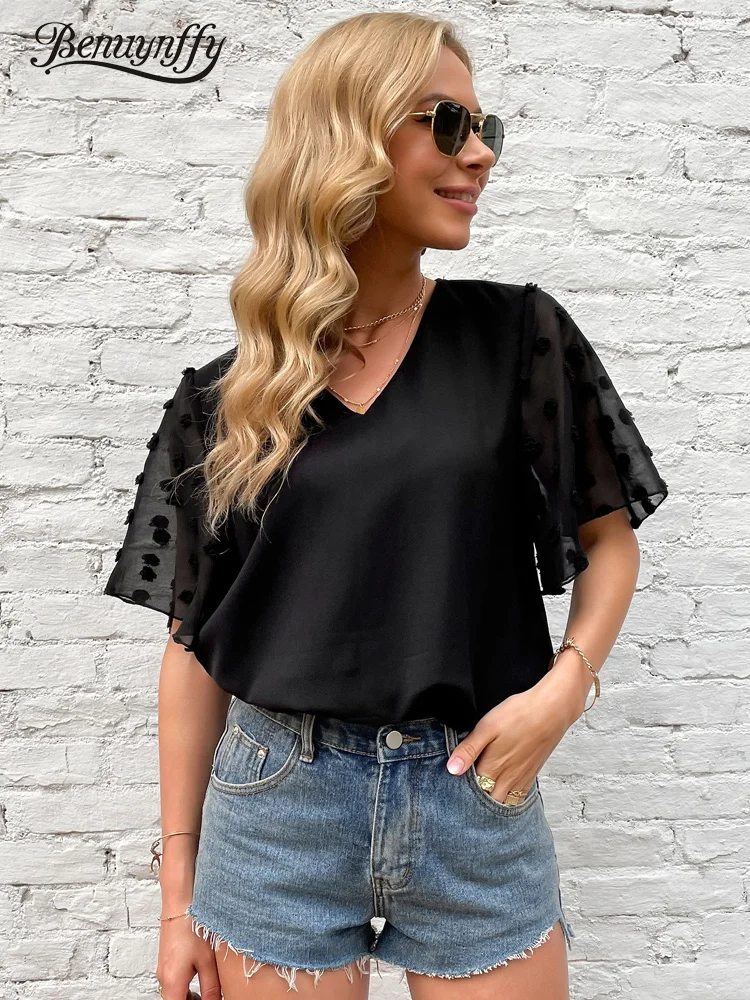 

Benuynffy Black V-neck Swiss Dot Butterfly Sleeve Blouse Women Loose Casual Summer Tops 2022 New Fashion Ladies Pullovers