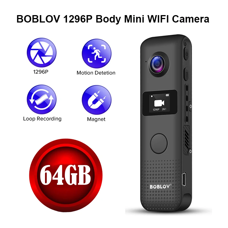 

BOBLOV WIFI Mini Camera HD 1296P Professional Body Worn 64GB Recorder Pen Camera Motion Detection Loop Recording Micro Camcorder