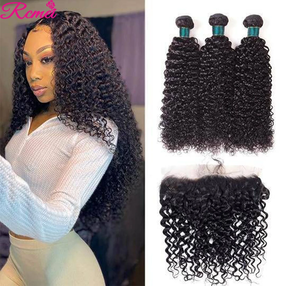 

40'' Brazilian Kinky Curly Bundle With Frontal Closure Remy Hair With Baby Hair Deep Curly 3 Bundles With 13x4 Frontal Closure