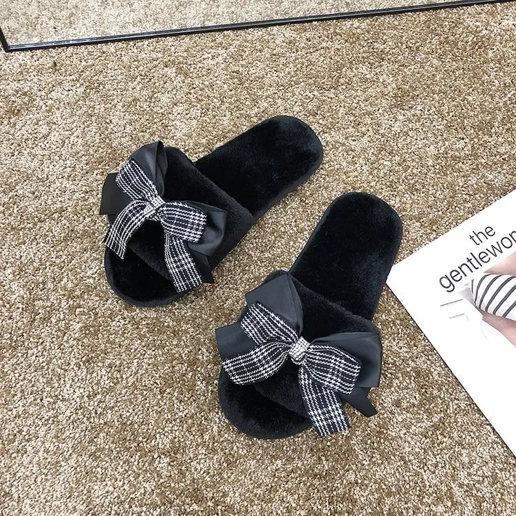 

Maggie's Walker Open-toed Fuzzy Slippers Chinelos Sliders Shoes Bow-knot Womens Slippers Stripe Zapatos De Mujer