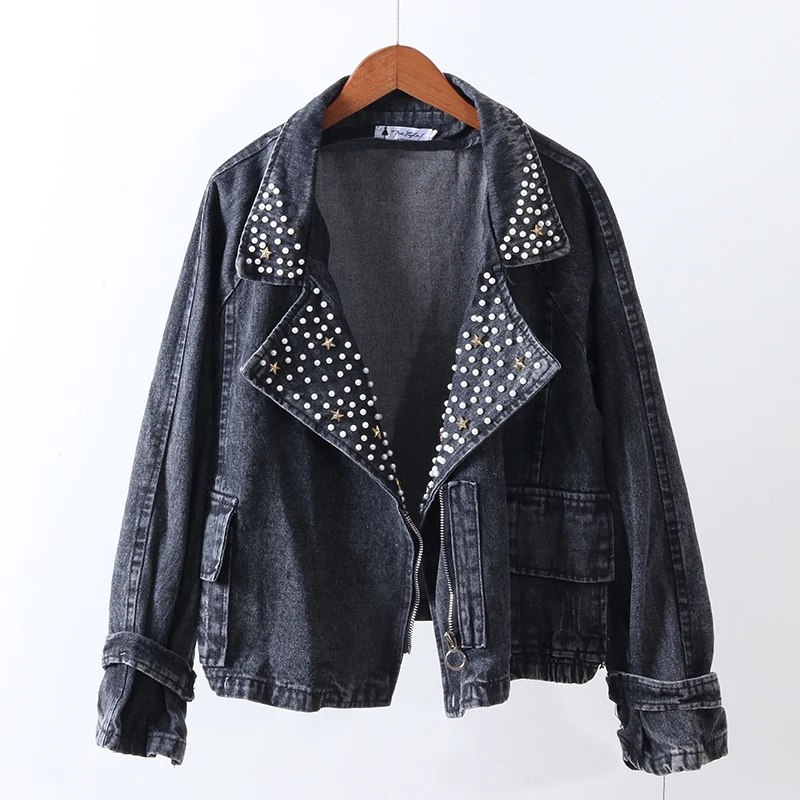 

2020 Heavy industry Loose Denim Short Jacket Female Autumn New Korean Fashion Beading Water Wash Women Vintage Denim Coats A089