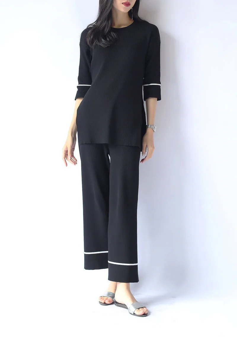 

Women Sweater Rushed And Pullovers Poncho Knit Suits Side Split-sweater Hit Color Nine Pants Female Wide Leg Two-piece Long