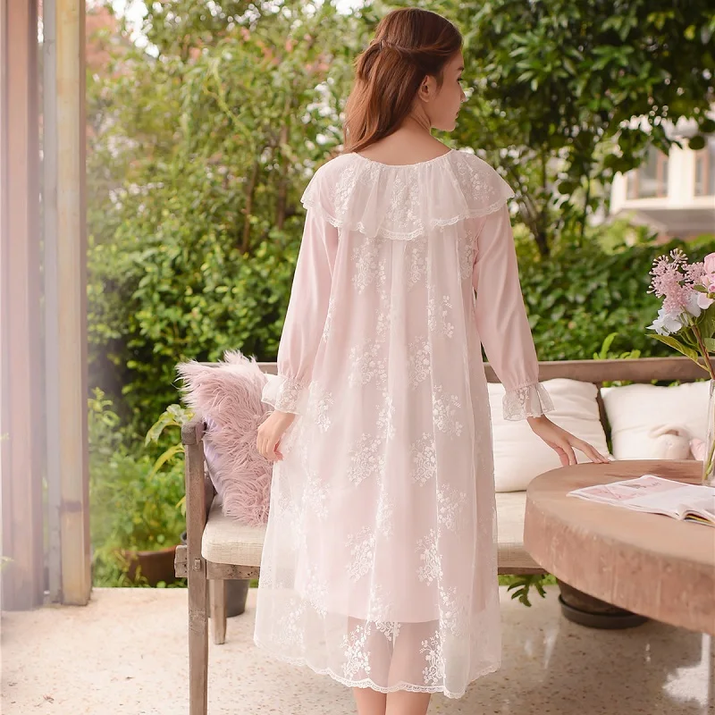 Весенние хлопковые белые вышитые кружевные длинные ночные рубашки для женщин