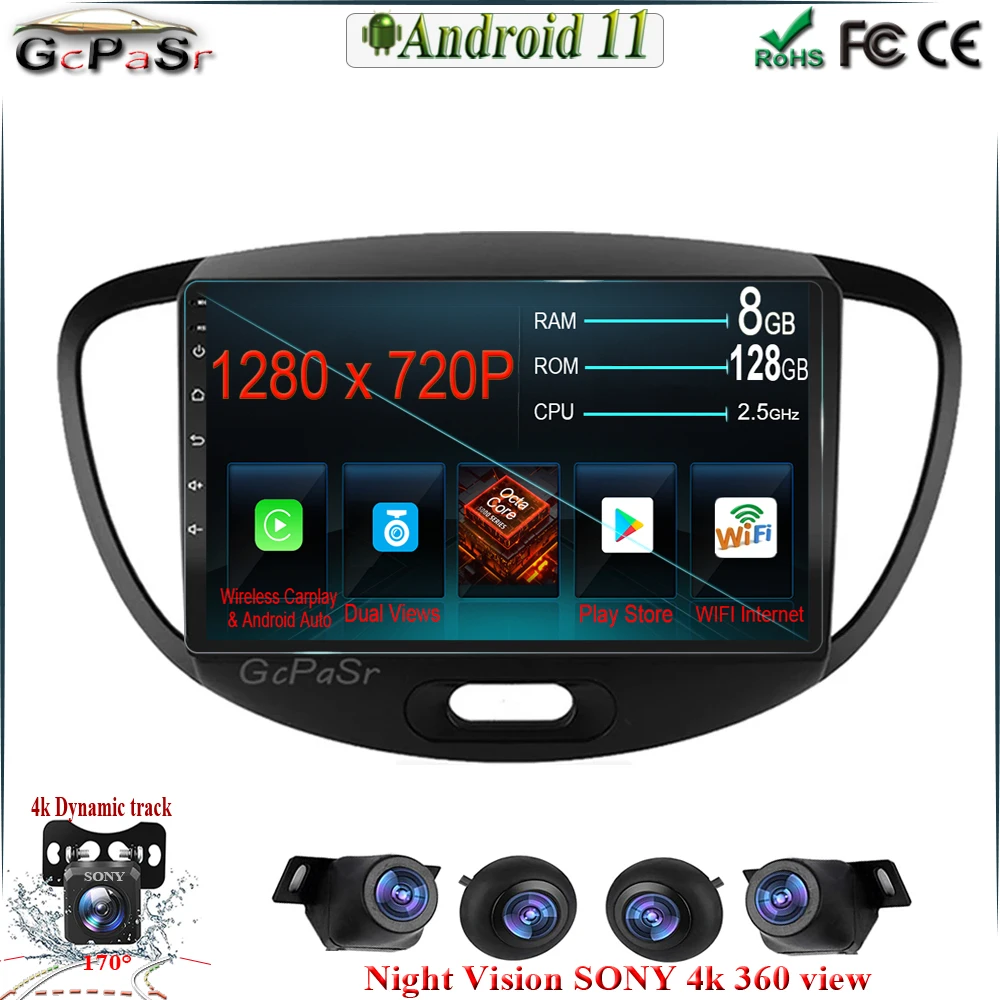 9 '⟚P CARPLAY Android 11 для Hyundai i10 2007 - 2013 автомобильное радио GPS навигация CarPlay WIFI IPS