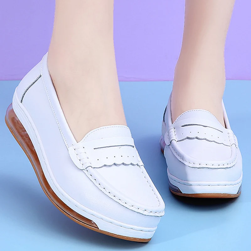 

Luxury Genuine Leather Casual Shoes Woman Soft Wedges Shoes for Women Health Nurse Rubber Platform Shoes Ladies 2021