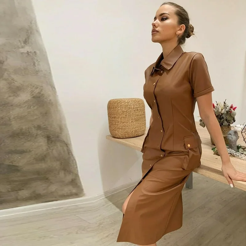 Женское винтажное однобортное платье из искусственной кожи с коротким рукавом и