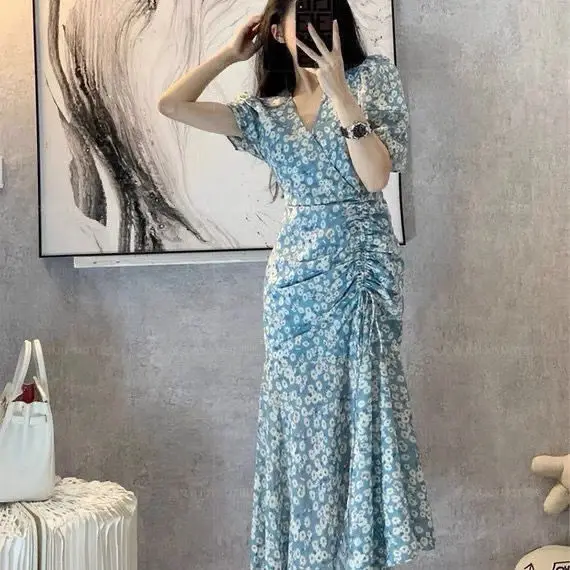 Корейское модное хлопковое женское платье 202O с разрезом элегантные платья на