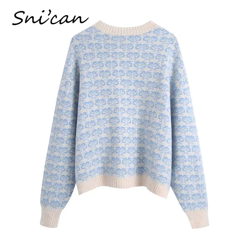 Женский вязаный свитер Za Синий Свободный кардиган оверсайз с цветочным принтом