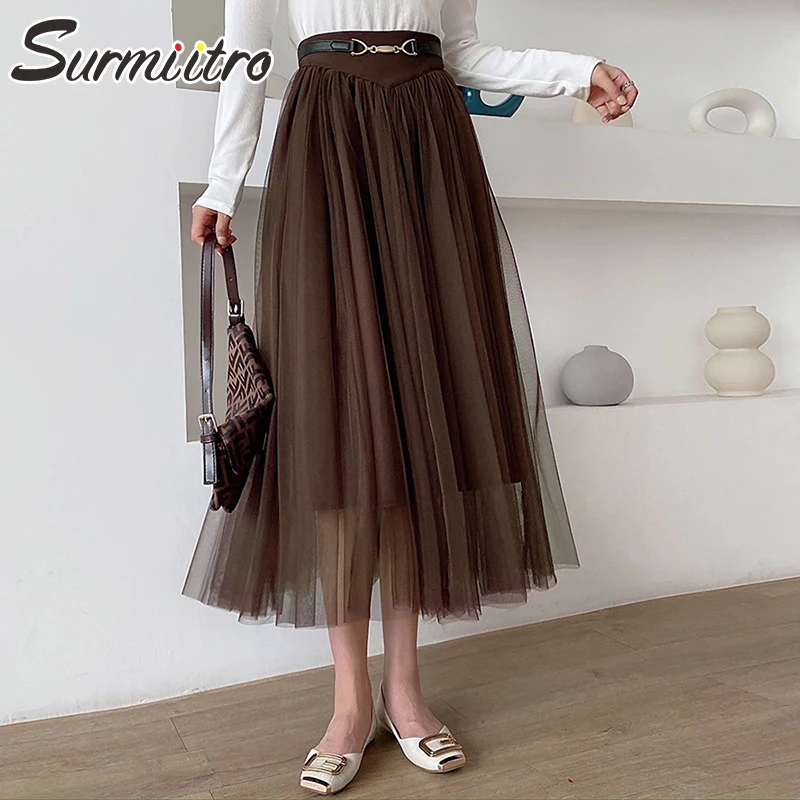 

SURMIITRO 2022 Trend Summer Korean Fashion Women Aesthetic 3 Layers Mesh Midi Long Tulle High Waist A Line Pleated Skirt Female