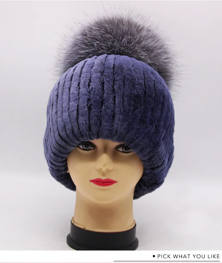 Rex rabbit fur hat female winter fox fur ball thick warm knitted earmuff wool cap