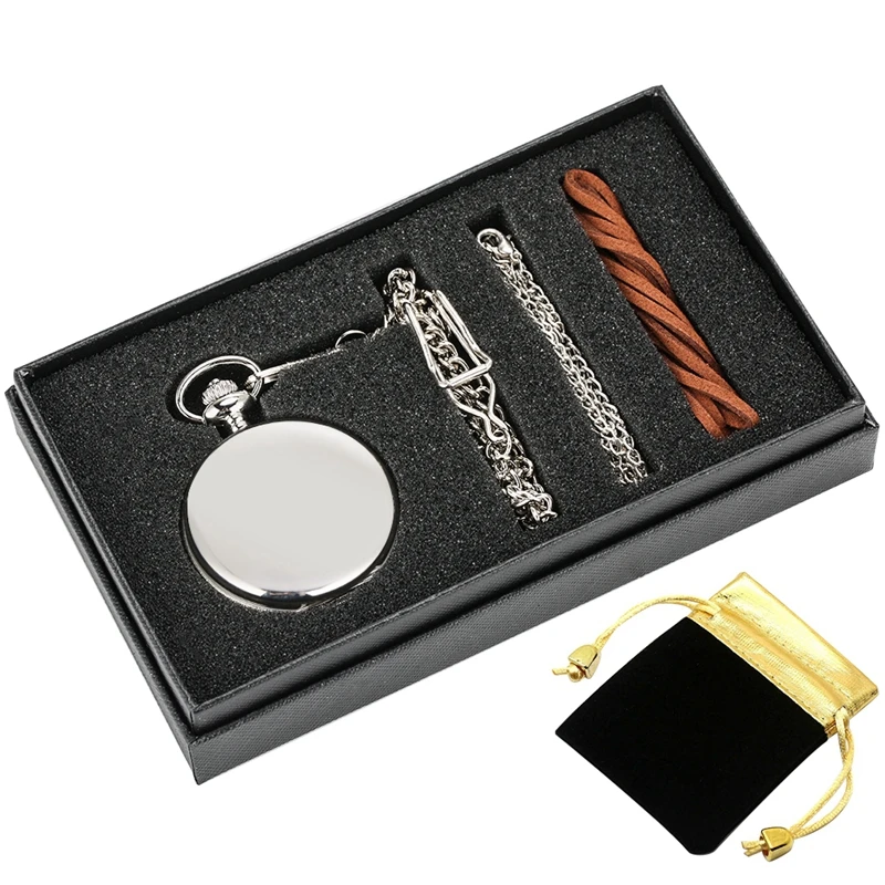 

5pcs/set Silver Smooth Quartz Pocket Watch Silver Necklace Gift Box Fob Chain Pendant Steampunk High-Graded Gift Set for Friends