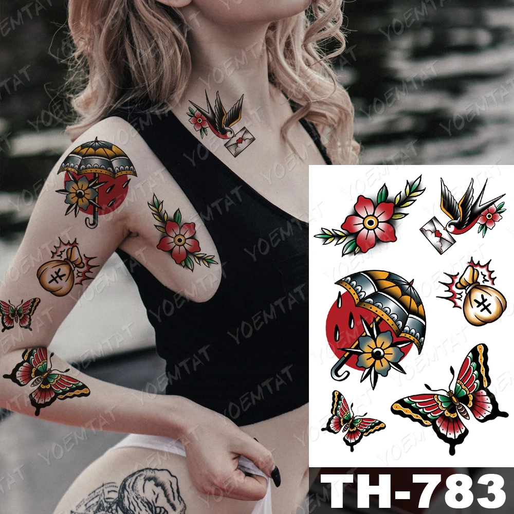 

Waterproof Temporary Tattoo Stickers Dragon Rose Old School Flash Tattoos Female Sketch Body Art Arm Fake Tatoo Male